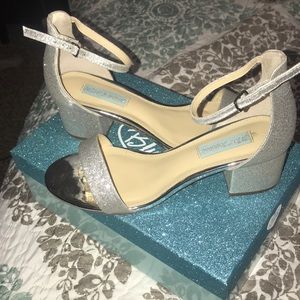 Betsey Johnson silver glitter kitten heels
